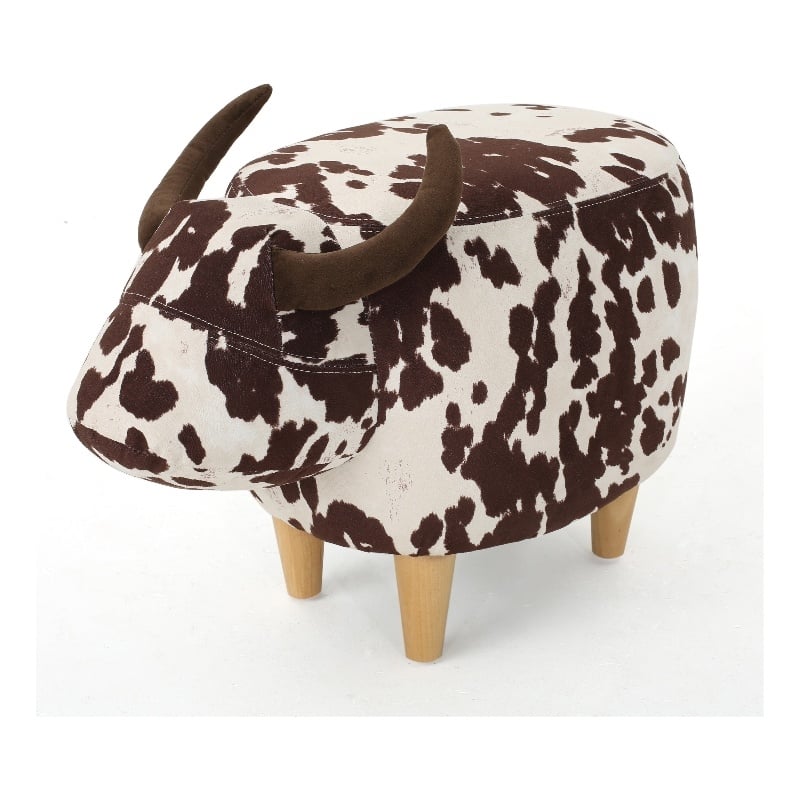 Benjara Massy Cow Kids Ottoman 25 Inches- Brown- White Velvet- Light Brown Horn