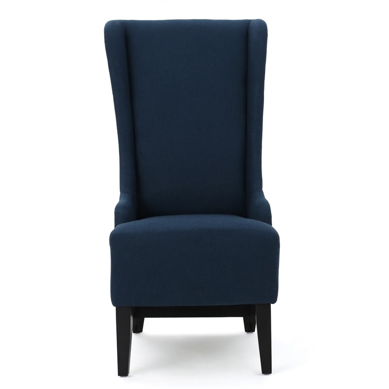 Benjara Becca Dining Chair- High Wingback Brown Birch Wood- Navy Blue Fabric