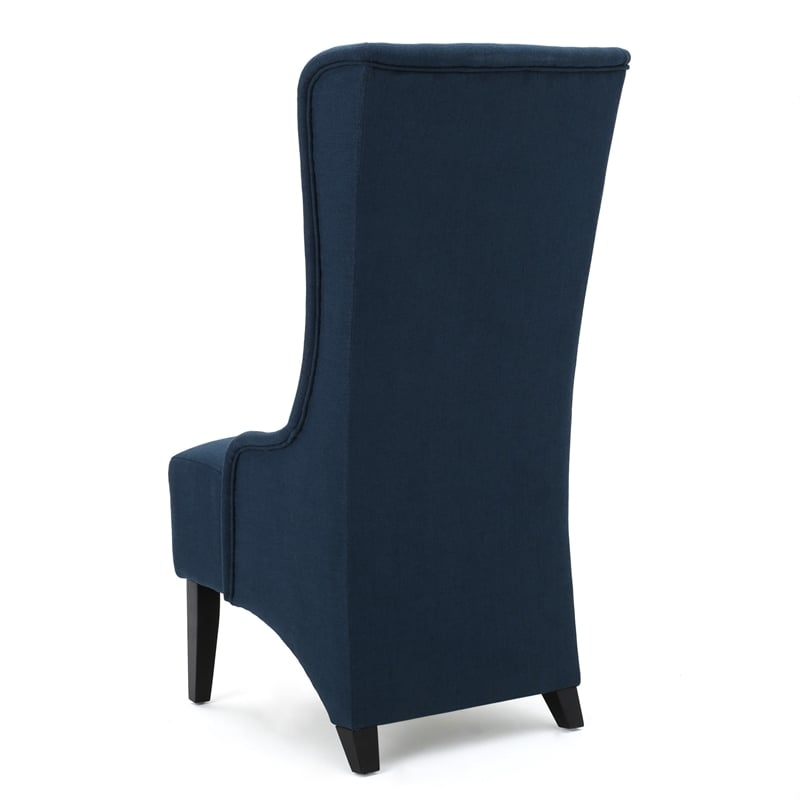 Benjara Becca Dining Chair- High Wingback Brown Birch Wood- Navy Blue Fabric