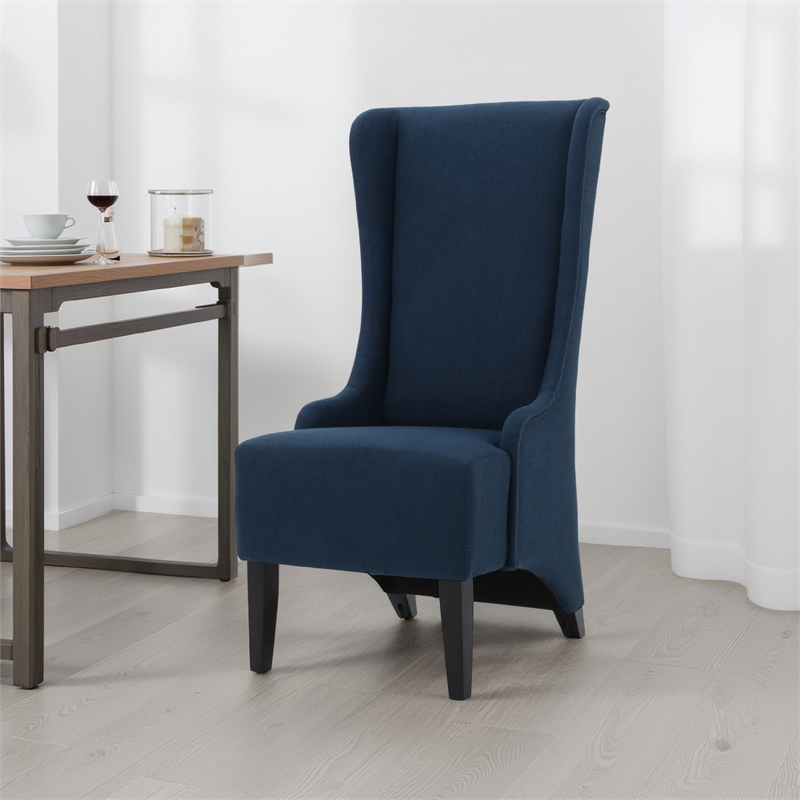 Benjara Becca Dining Chair- High Wingback Brown Birch Wood- Navy Blue Fabric