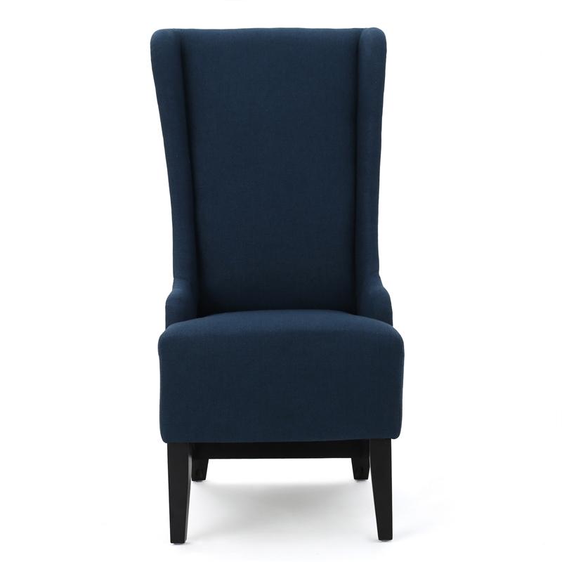 Benjara Becca Dining Chair- High Wingback Brown Birch Wood- Navy Blue Fabric
