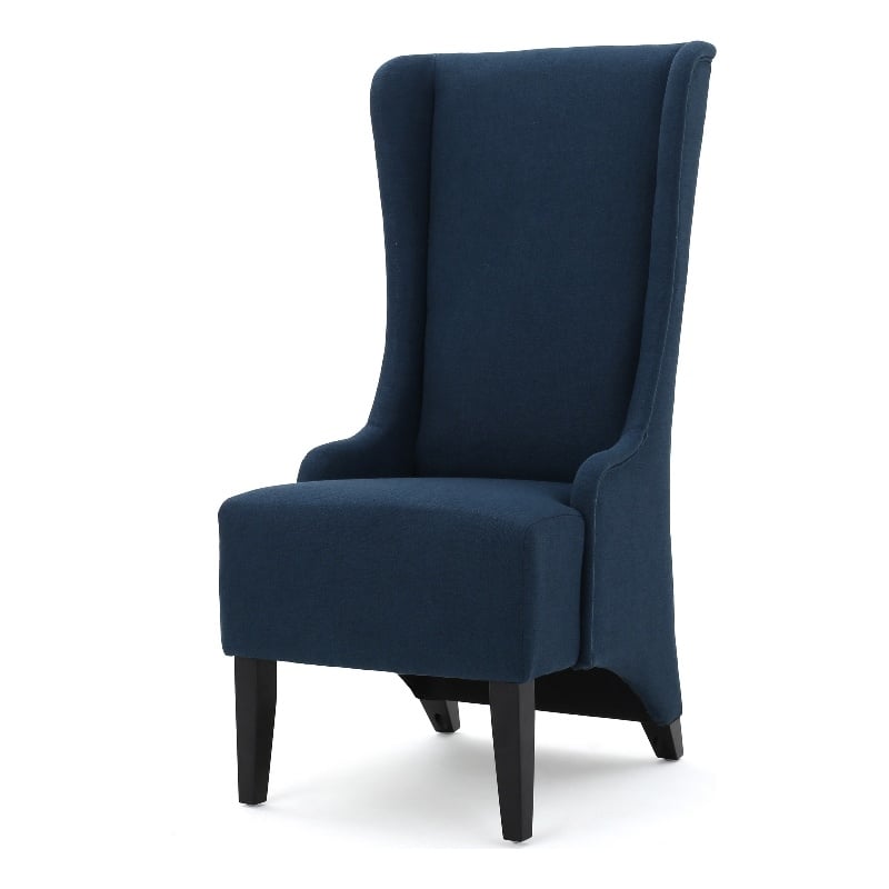 Benjara Becca Dining Chair- High Wingback Brown Birch Wood- Navy Blue Fabric