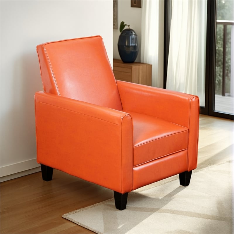 Benjara Zuca Pushback Recliner Club Chair-Black Wood-Orange Floral Faux Leather