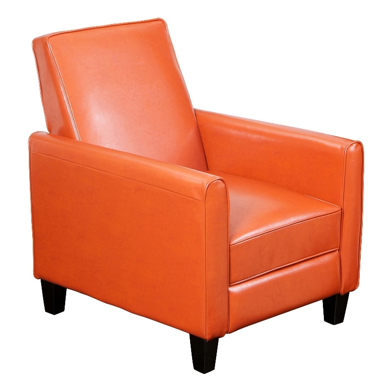 Benjara Zuca Pushback Recliner Club Chair-Black Wood-Orange Floral Faux Leather