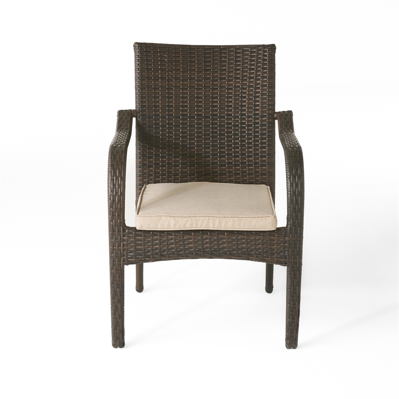 Benjara Laila Outdoor Stackable Dining Chair Set of 4- Beige Seat Brown Rattan