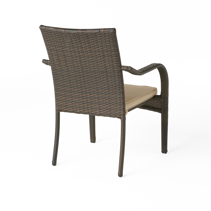 Benjara Laila Outdoor Stackable Dining Chair Set of 4- Beige Seat Brown Rattan