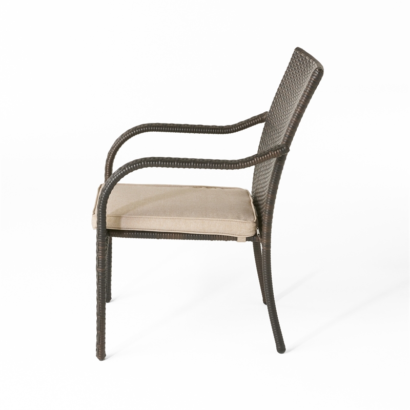 Benjara Laila Outdoor Stackable Dining Chair Set of 4- Beige Seat Brown Rattan