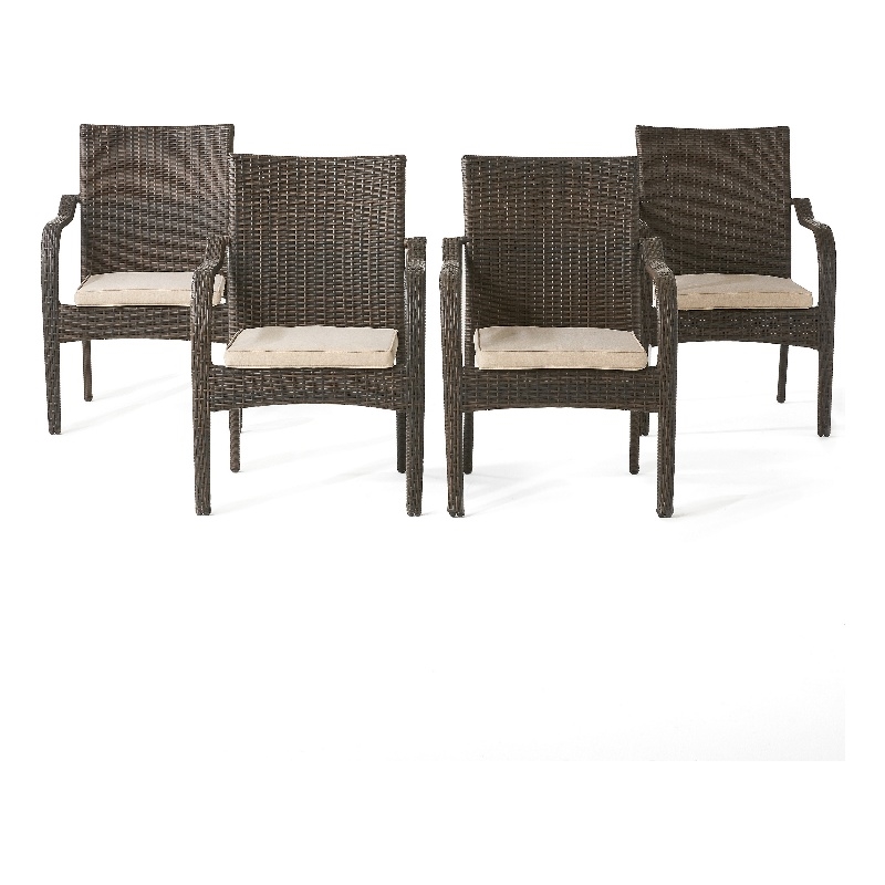 Benjara Laila Outdoor Stackable Dining Chair Set of 4- Beige Seat Brown Rattan