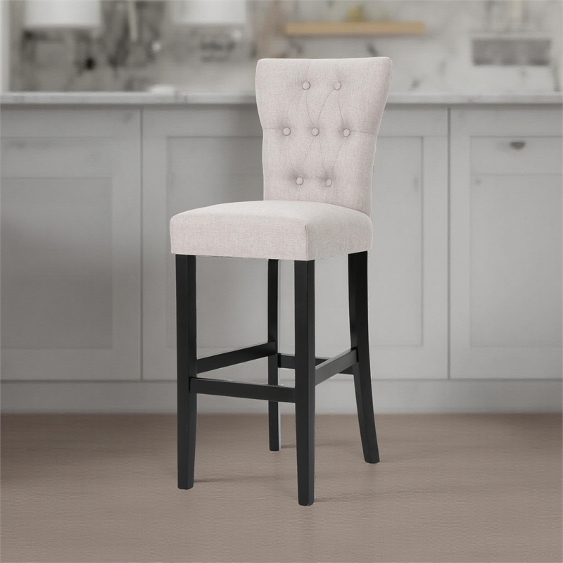 Benjara Arine Barstool Chair Set of 2- Flared Rubberwood- Wheat Button Tufted