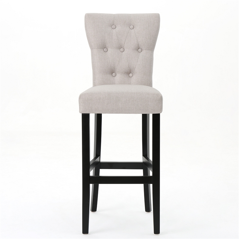 Benjara Arine Barstool Chair Set of 2- Flared Rubberwood- Wheat Button Tufted