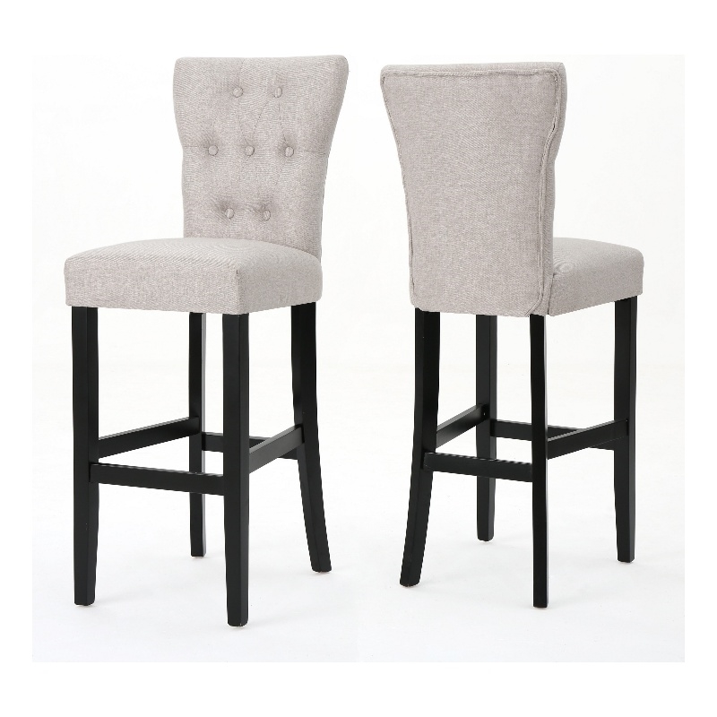 Benjara Arine Barstool Chair Set of 2- Flared Rubberwood- Wheat Button Tufted