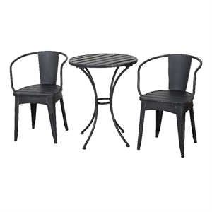 Benjara Rune Outdoor Bistro Set- 2 Chairs- Round Slatted Table- Black Iron