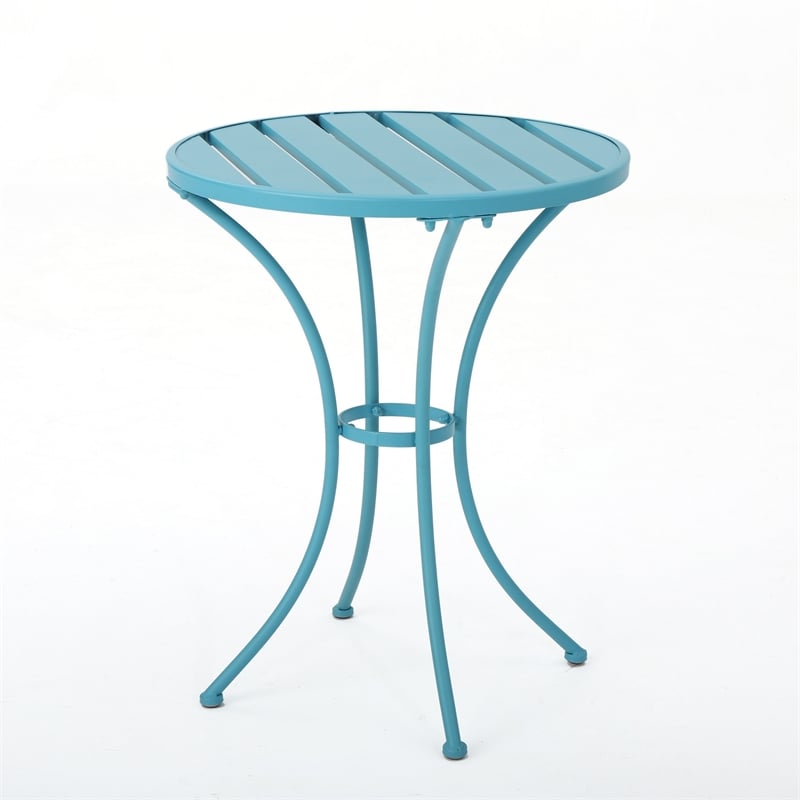 Benjara Rune Outdoor Bistro Table Set- 2 Chairs- Round Slatted- Teal Blue Iron