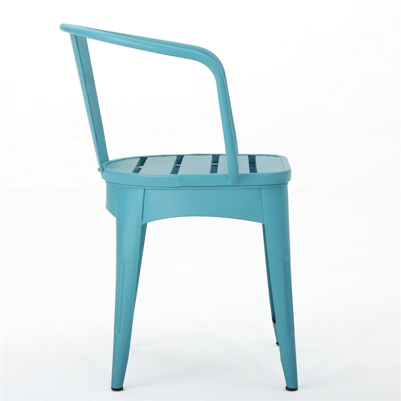 Benjara Rune Outdoor Bistro Table Set- 2 Chairs- Round Slatted- Teal Blue Iron