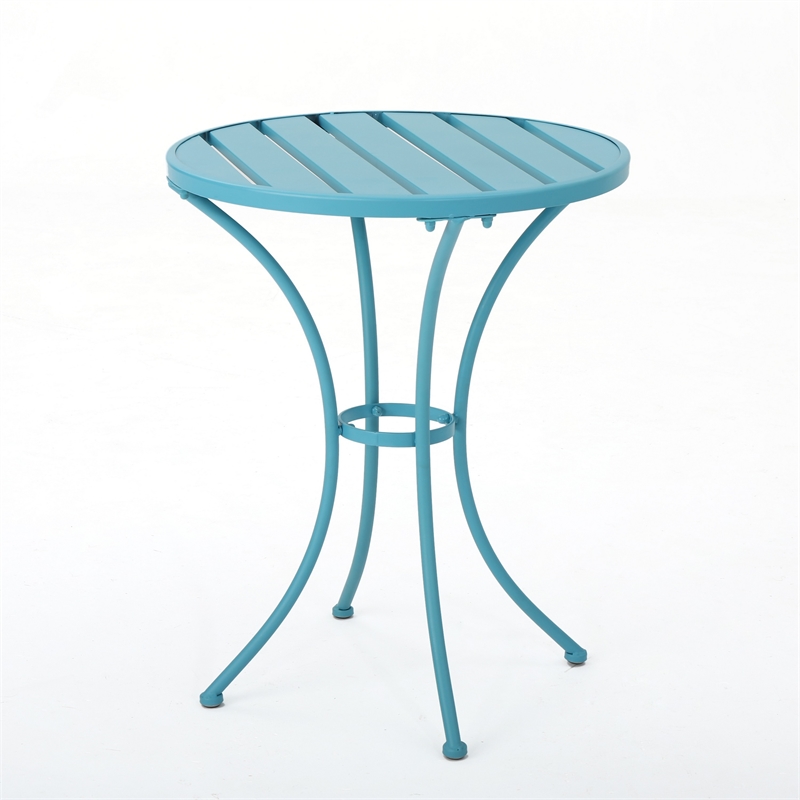 Benjara Rune Outdoor Bistro Table Set- 2 Chairs- Round Slatted- Teal Blue Iron