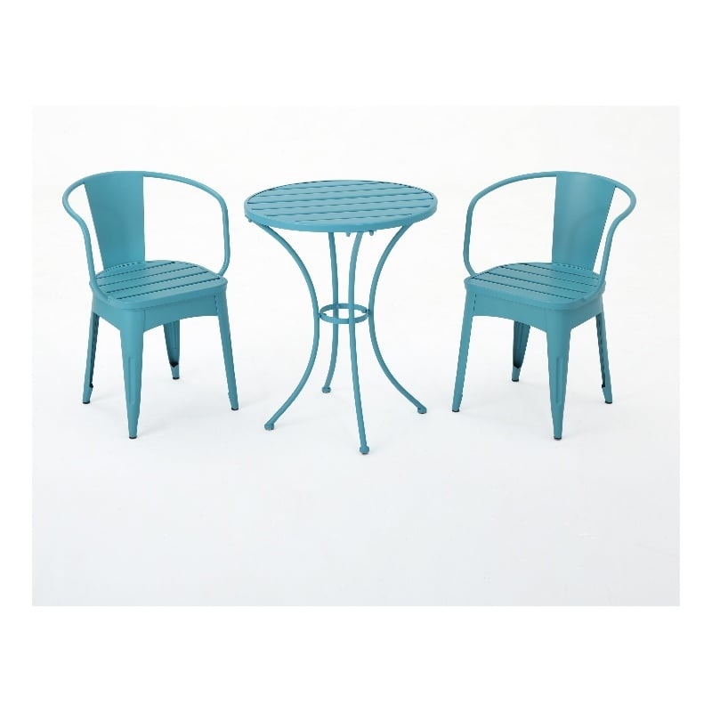 Benjara Rune Outdoor Bistro Table Set- 2 Chairs- Round Slatted- Teal Blue Iron