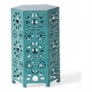 Benjara Liana Outdoor Side End Table- Flower Cutout- 12&quot Top- Teal Blue