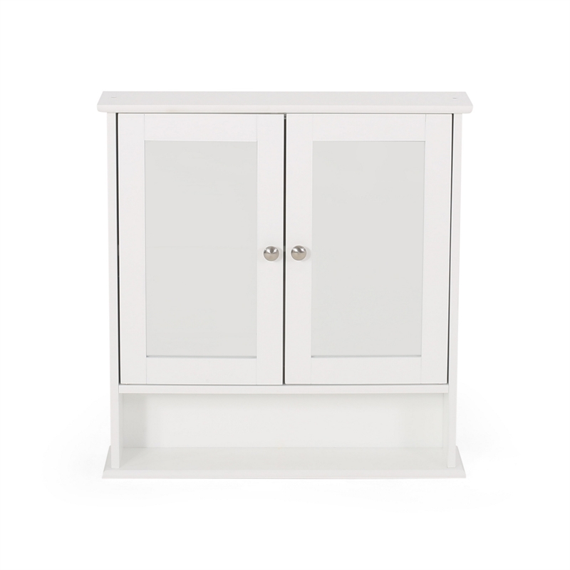 Benjara Wall Mount Bathroom Cabinet- 2 Mirror Doors- Open Shelf- White Chrome