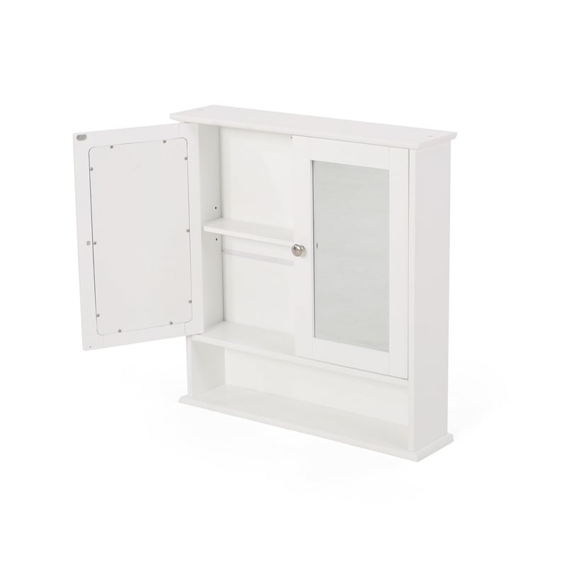 Benjara Wall Mount Bathroom Cabinet- 2 Mirror Doors- Open Shelf- White Chrome