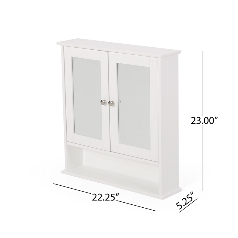 Benjara Wall Mount Bathroom Cabinet- 2 Mirror Doors- Open Shelf- White Chrome