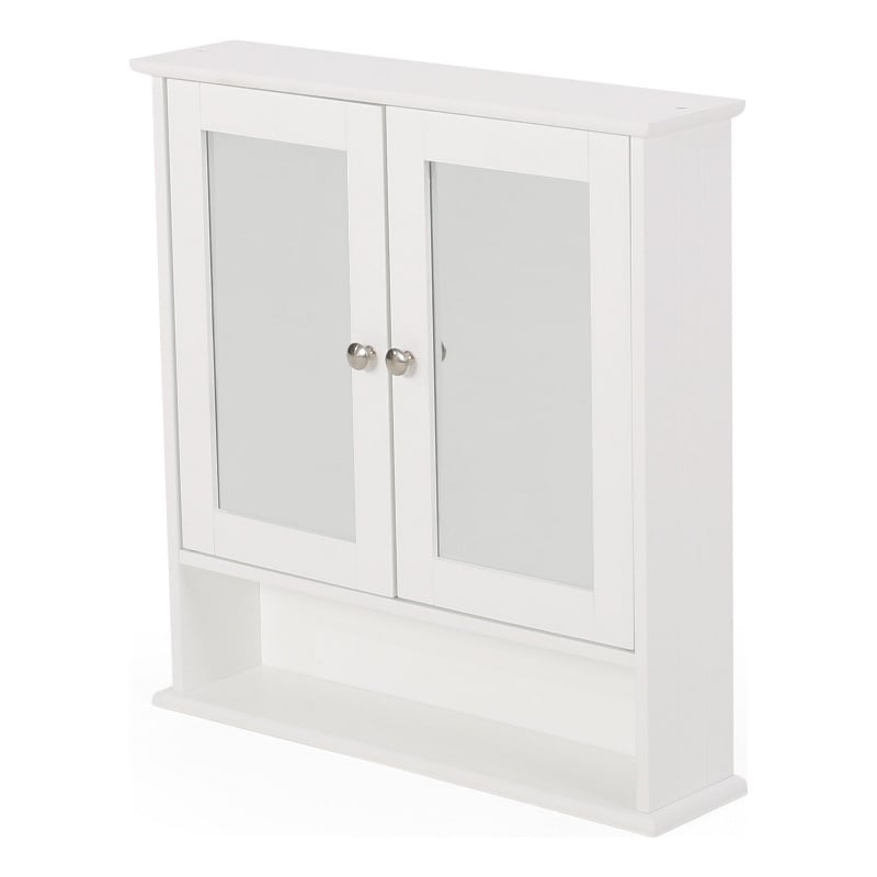 Benjara Wall Mount Bathroom Cabinet- 2 Mirror Doors- Open Shelf- White Chrome