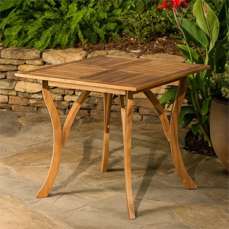 Benjara Olen Outdoor Dining Table- Slatted Square 32 Inch- Brown Acacia Wood
