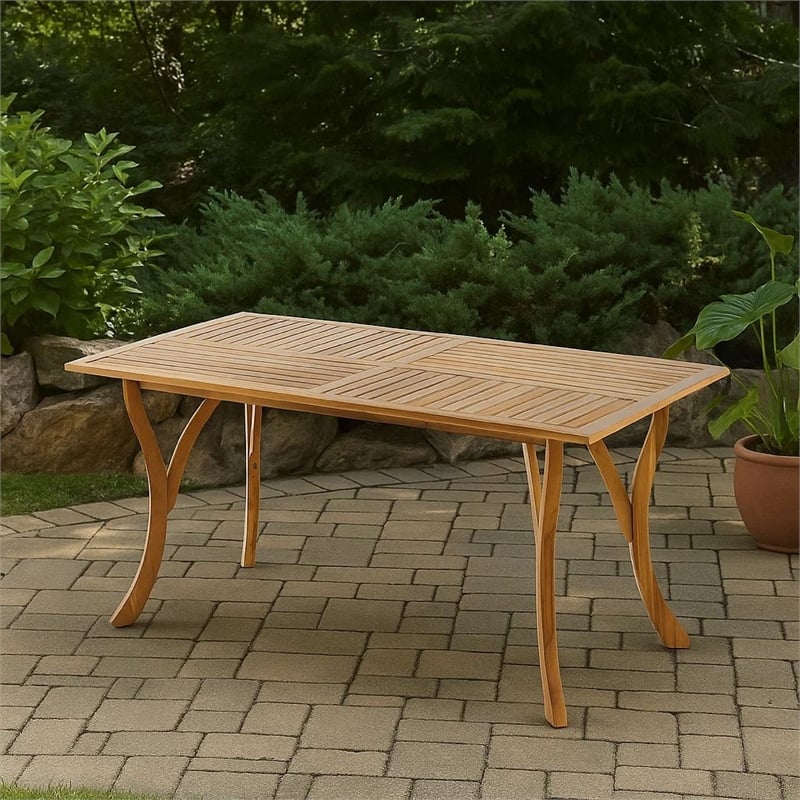 Benjara Olen Outdoor Dining Table- Slatted Rectangular 59 Inch- Brown Wood