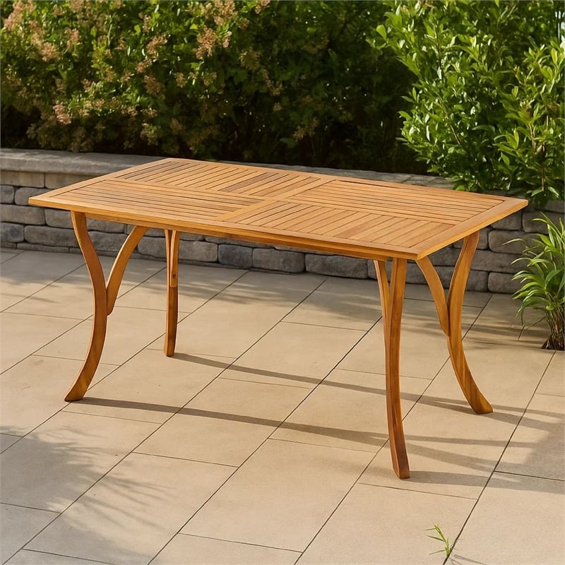 Benjara Olen Outdoor Dining Table- Slatted Rectangular 59 Inch- Brown Wood