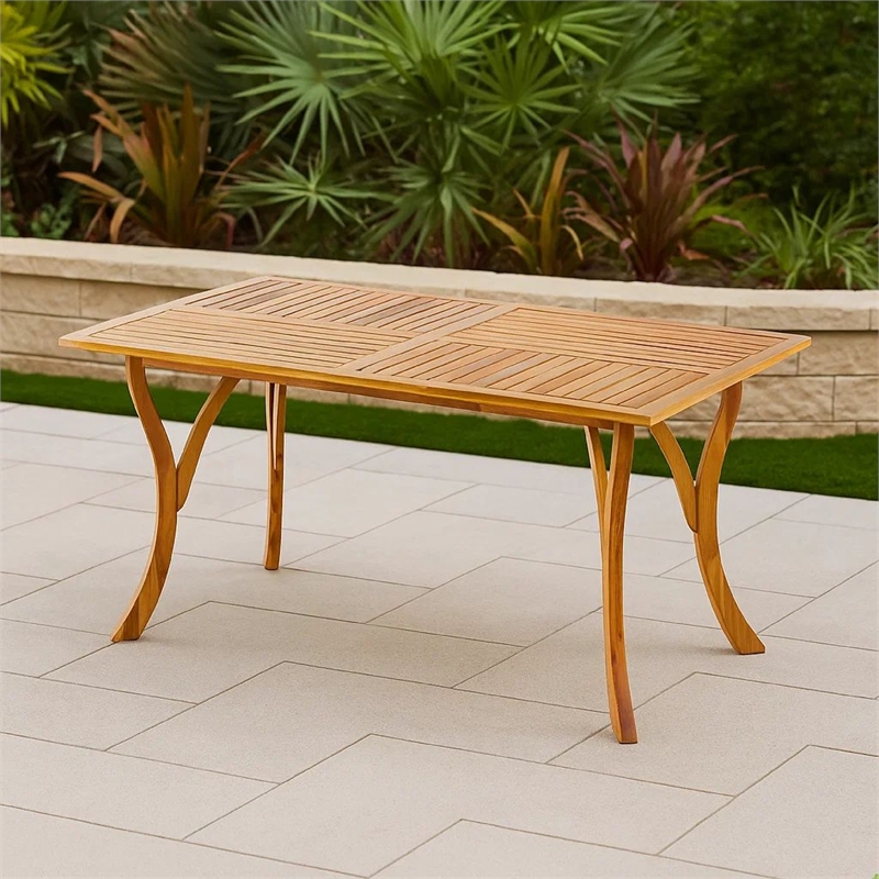 Benjara Olen Outdoor Dining Table- Slatted Rectangular 59 Inch- Brown Wood