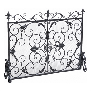 Benjara Fireplace Screen- 45&quot Scroll Design with Mesh- Black Silver Iron