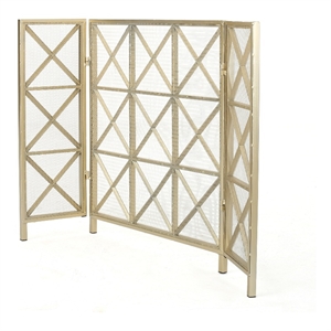 Benjara Fireplace Screen-49&quot 3-Panel-Rectangular Shape-Square Design-Gold-Iron