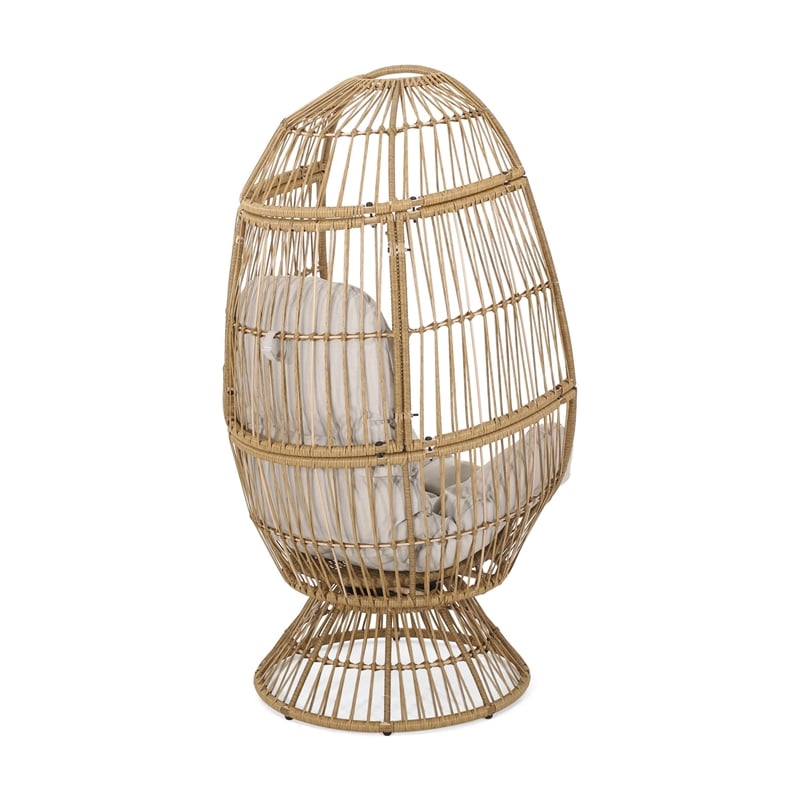 Benjara Chair with Cushion- Egg Shaped- Hand Crafted-Wooden-Fabric- Iron frame