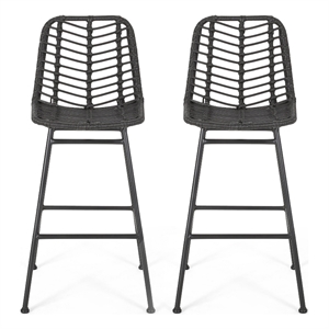 Benjara Barstool (Set of 2)- Ratten- Grey- Knitted With Wire