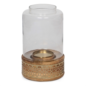 Benjara Candle Holder- 10&quot Round Shaped With Glass Cover- Brown- Wood