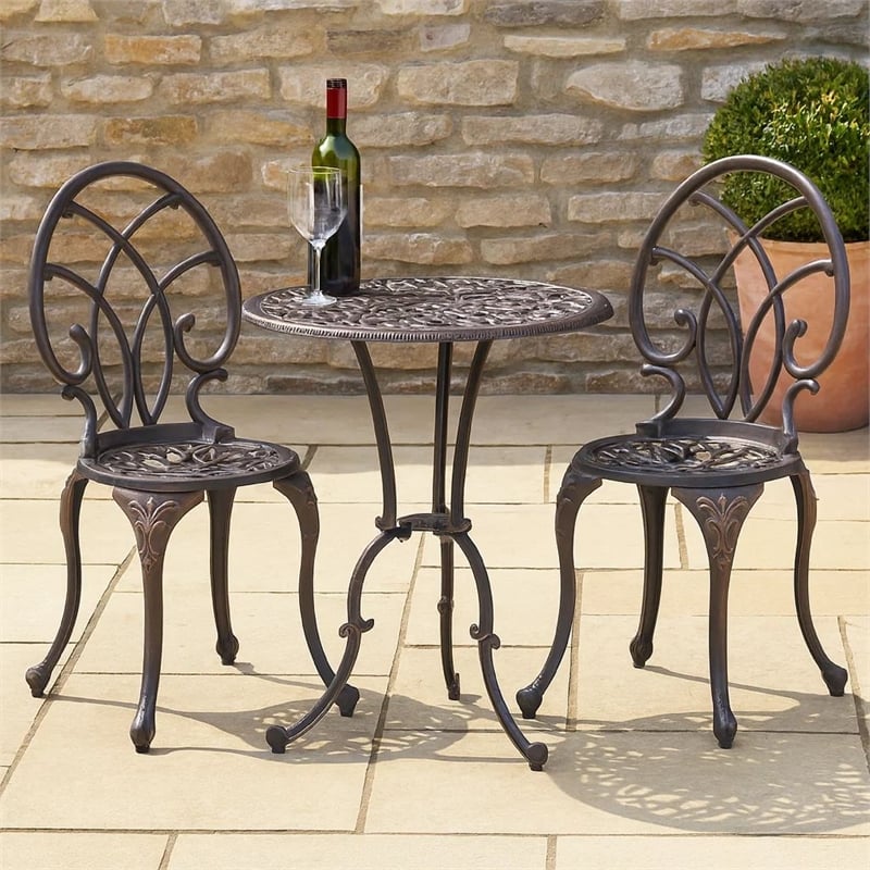 Benjara Charlie 3 pcs Bistro Set w Umbrella Hole- Cast Aluminum in Copper