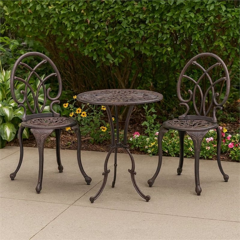 Benjara Charlie 3 pcs Bistro Set w Umbrella Hole- Cast Aluminum in Copper