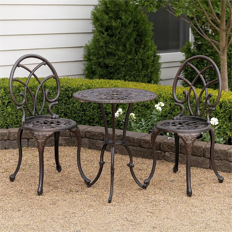 Benjara Charlie 3 pcs Bistro Set w Umbrella Hole- Cast Aluminum in Copper