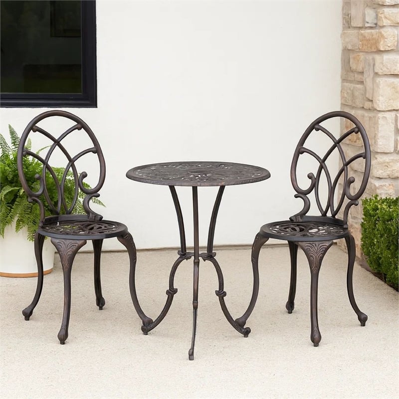 Benjara Charlie 3 pcs Bistro Set w Umbrella Hole- Cast Aluminum in Copper
