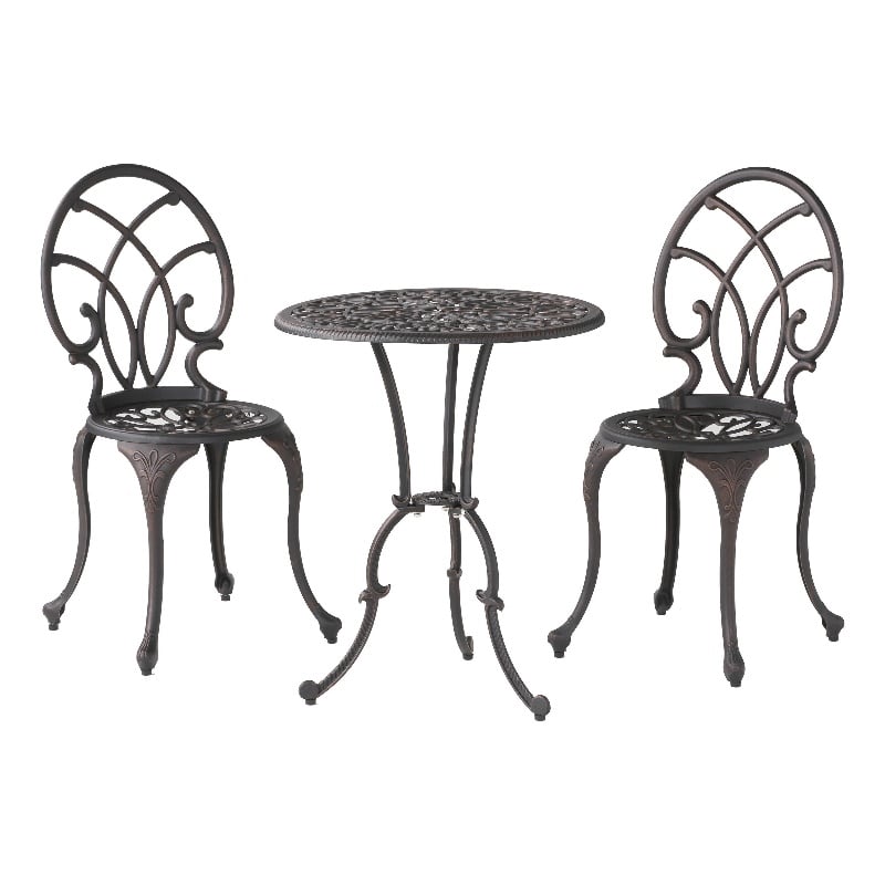 Benjara Charlie 3 pcs Bistro Set w Umbrella Hole- Cast Aluminum in Copper