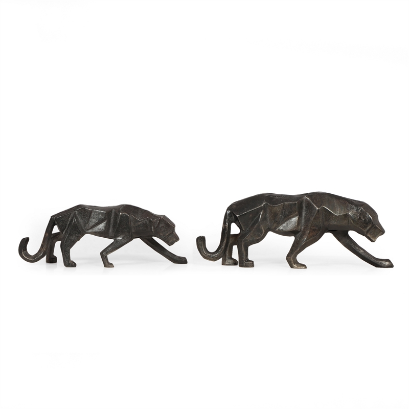 Benjara Tabletop Leopard Figurine Set of 2- Textured Finish- Black Aluminium