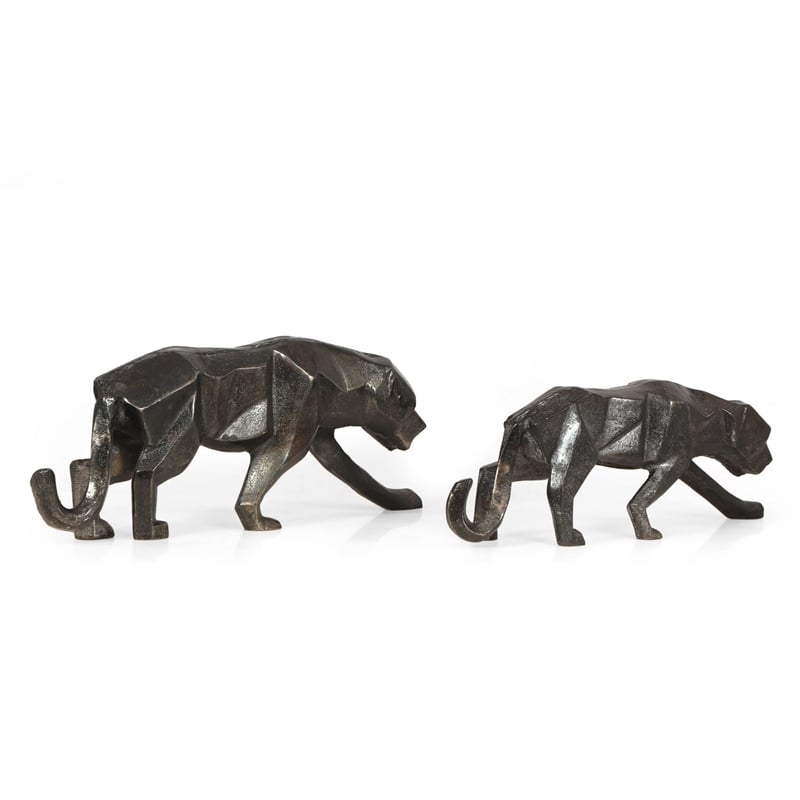 Benjara Tabletop Leopard Figurine Set of 2- Textured Finish- Black Aluminium