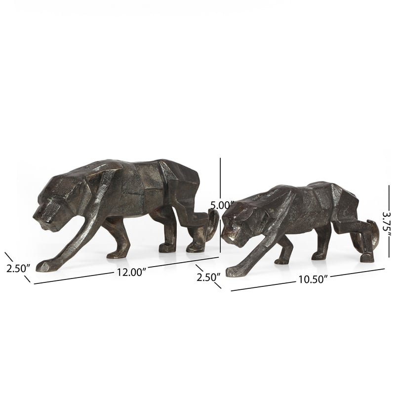 Benjara Tabletop Leopard Figurine Set of 2- Textured Finish- Black Aluminium
