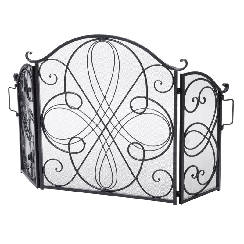 Benjara Fireplace Screen 57 Inch- 3 Panel Scrolled Mesh- Black Silver Iron