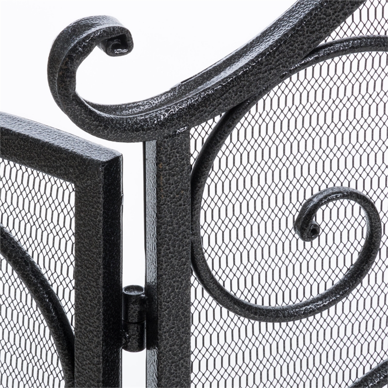 Benjara Fireplace Screen 57 Inch- 3 Panel Scrolled Mesh- Black Silver Iron