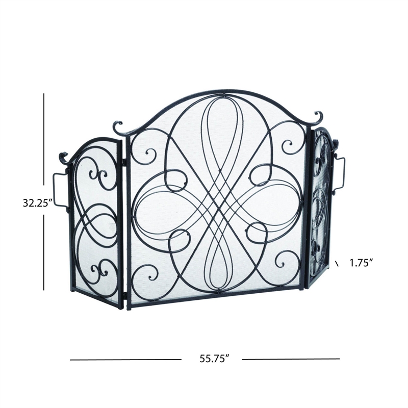 Benjara Fireplace Screen 57 Inch- 3 Panel Scrolled Mesh- Black Silver Iron