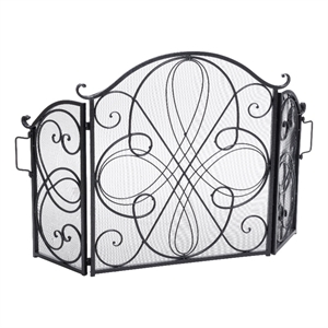 Benjara Fireplace Screen 57 Inch- 3 Panel Scrolled Mesh- Black Silver Iron