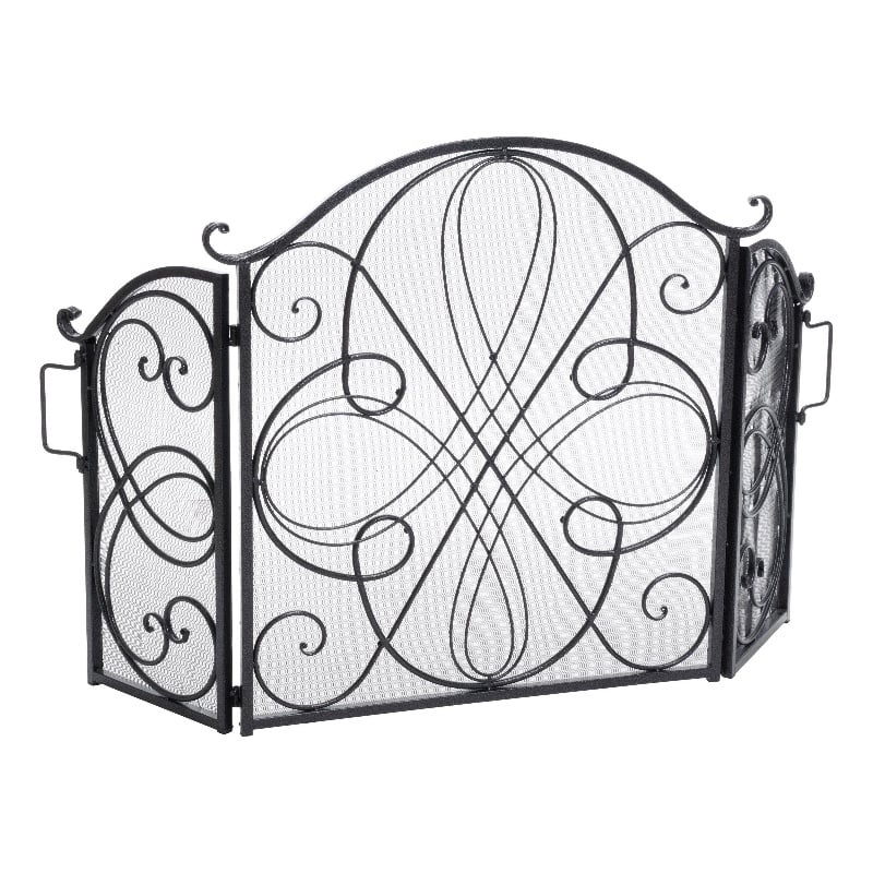 Benjara Fireplace Screen 57 Inch- 3 Panel Scrolled Mesh- Black Silver Iron