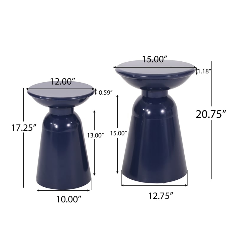 Benjara Suma Outdoor End Table Set of 2- Round- Pedestal Base- Navy Blue Iron