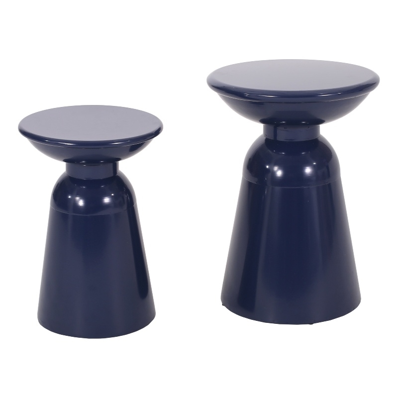 Benjara Suma Outdoor End Table Set of 2- Round- Pedestal Base- Navy Blue Iron