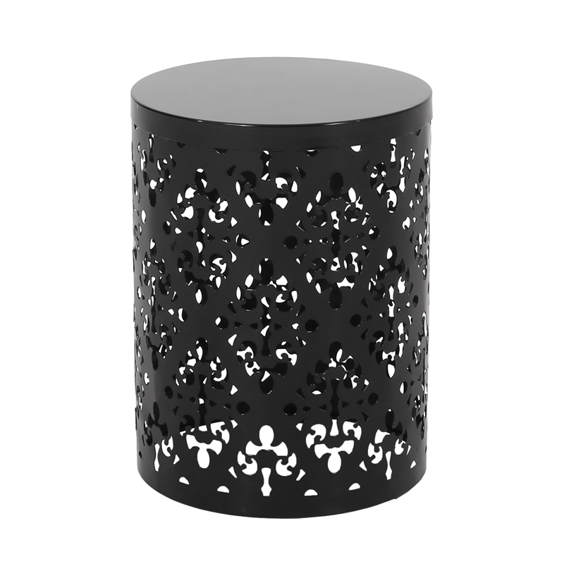 Benjara Kemo Outdoor End Table- Round 14 Inch- Cutout Design- Black Iron Frame